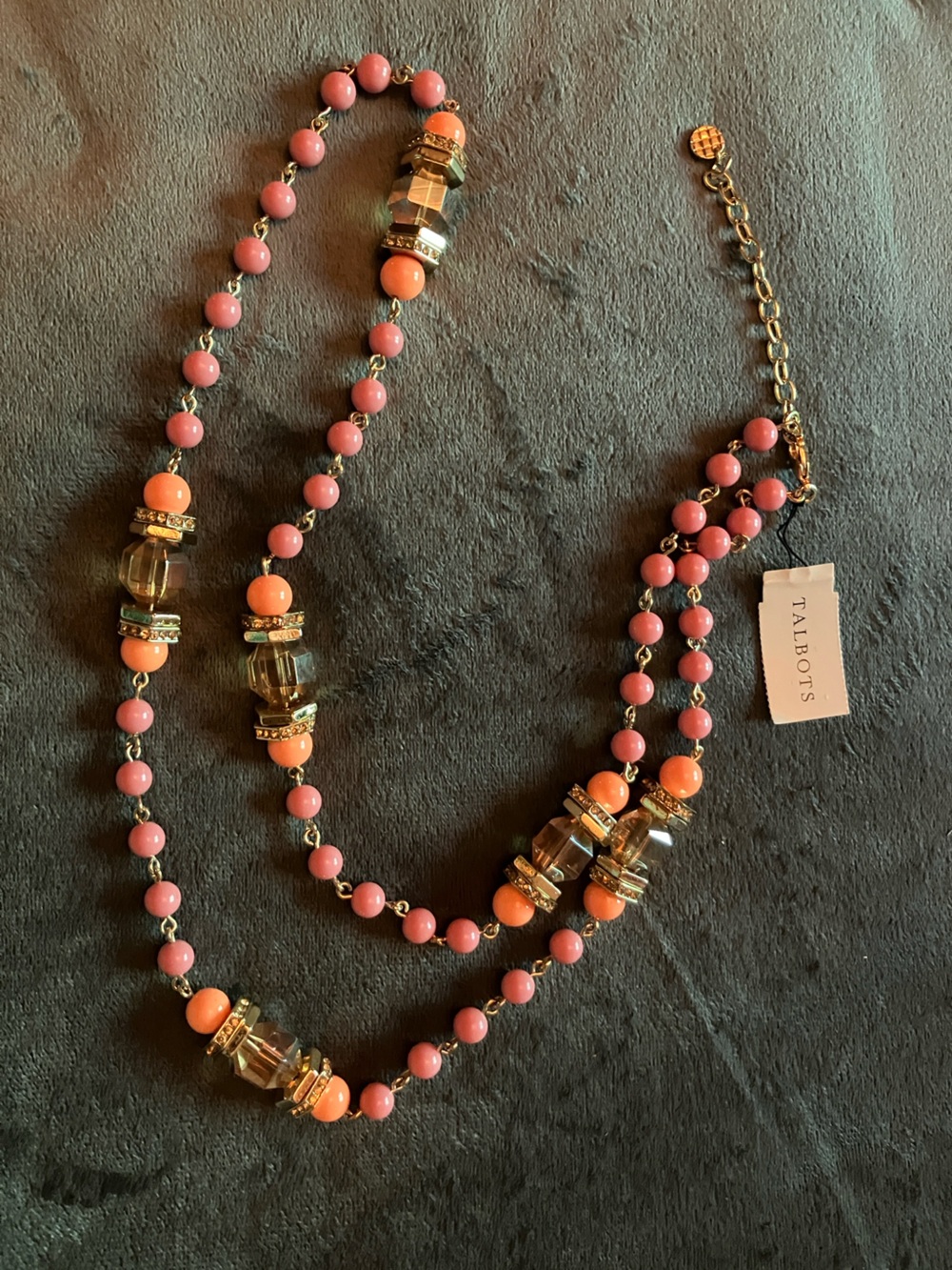 Talbots Pink and Coral Layered Bead Necklace with Gold Accents